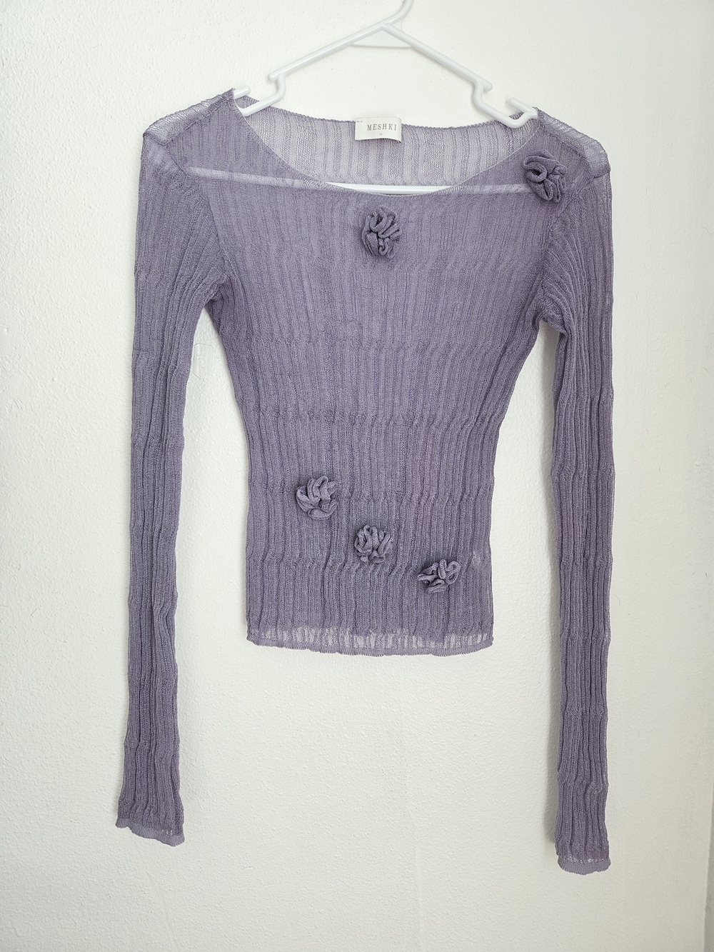 MESHKI Lavender Ribbed Long-Sleeve Top with Floral Appliqués